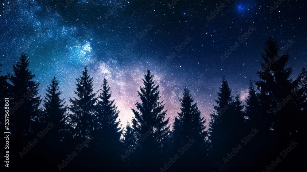 Fototapeta premium Majestic Milky Way Galaxy Over Silhouetted Pine Forest at Night