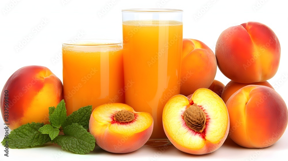 Fresh Peach Juice in Glasses Surrounded by Ripe Peaches and Mint Leaves on White Background Fresh Peach Juice in Glasses Surrounded by Ripe Peaches and Mint Leaves on White Background