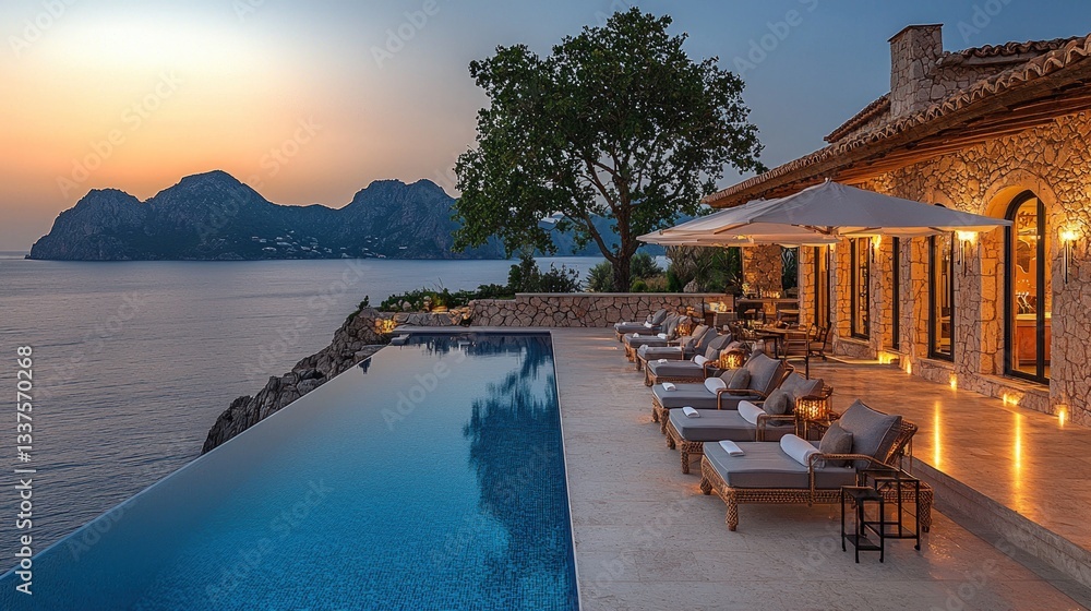 Obraz premium Luxury villa with infinity pool overlooking sunset sea.