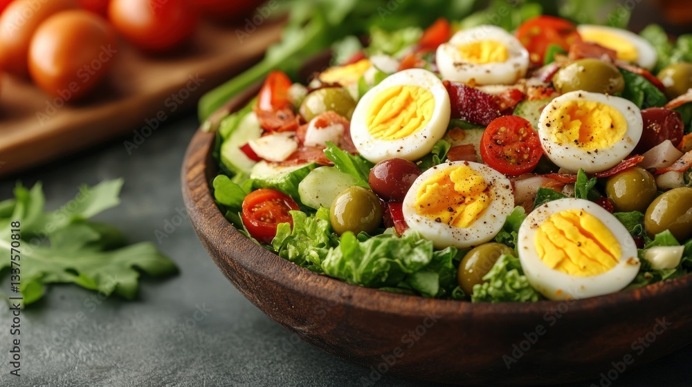 Fresh, vibrant salad with hard-boiled eggs, greens, and veggies. A healthy and delicious meal Fresh, vibrant salad with hard-boiled eggs, greens, and veggies. A healthy and delicious meal