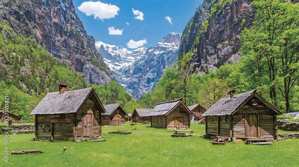 Scenic Valley Surrounded by Majestic Mountains and Rustic Cabins under a Clear Blue Sky Scenic Valley Surrounded by Majestic Mountains and Rustic Cabins under a Clear Blue Sky