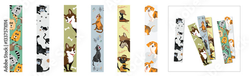 Bookmarks set for books or notebooks with cute cartoon cats and dogs. Beautiful design of children's bookmarks for printing and cutting. Vector drawings isolated on white background.