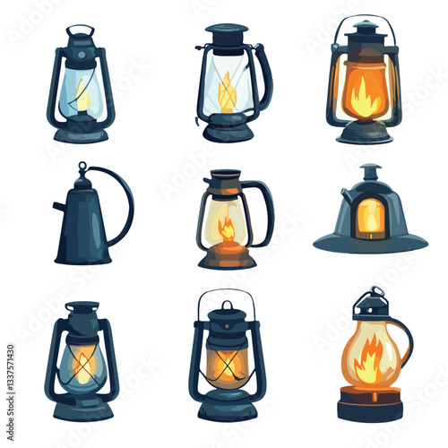 Vintage Oil and Gas Lamp with Flame Cartoon Vector Illustration