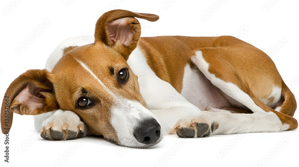 Relaxed Brown And White Dog Lying Comfortably On Its Side With A Calm Expression Relaxed Brown And White Dog Lying Comfortably On Its Side With A Calm Expression