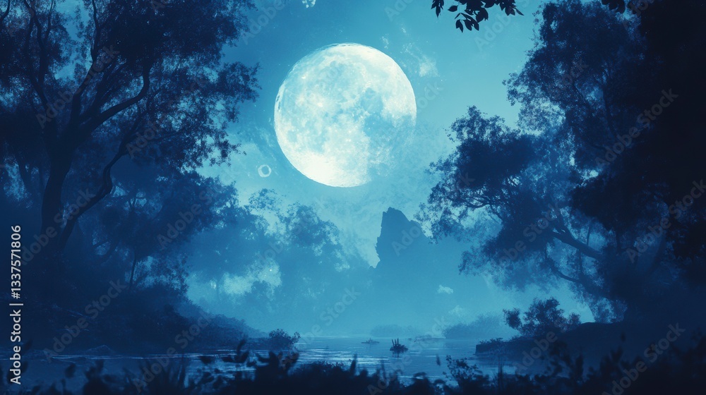 Enchanting Moonlit Forest Landscape with Full Moon and Misty River Enchanting Moonlit Forest Landscape with Full Moon and Misty River