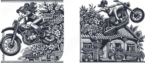Pin-Up Woman Leaps from a Floral Rooftop on a Motorbike – Bold Vintage Engraving Design pinup woman, motorbike jump, floral building, linocut style, graphic illustration, cityscape, flower garden
