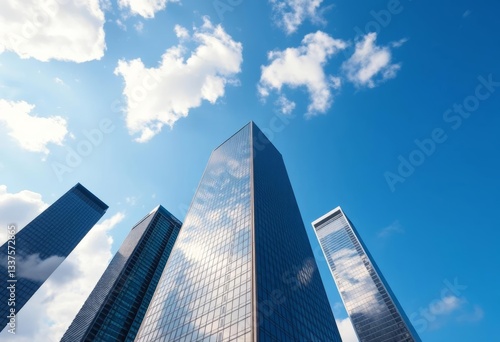 Modern skyscrapers ascend towards a vibrant blue sky, white clouds framing the towering structures, upward view, landscape