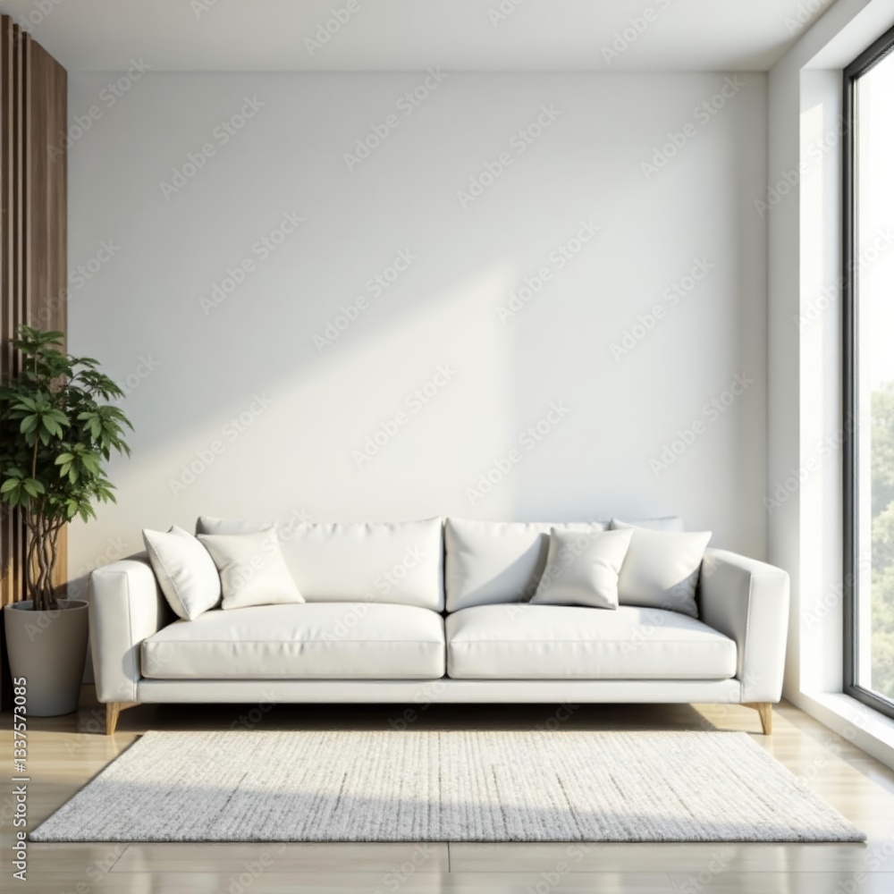 Fototapeta premium Modern white living room corner with comfortable sofa, minimalist decor, modern, living room