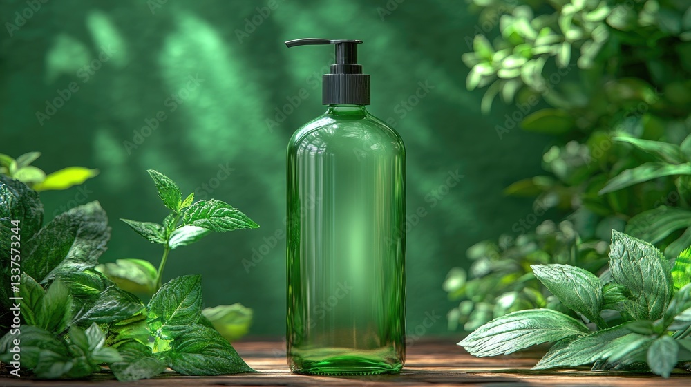 Green bottle of natural product in a lush garden setting Green bottle of natural product in a lush garden setting