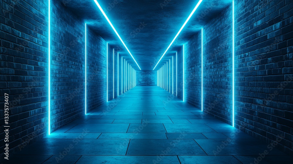 Futuristic abstract tunnel with neon blue light rays and glowing highlights, featuring a mysterious sci-fi corridor with brick walls, concrete floor, and high-tech cyberpunk atmosphere in a dark empty