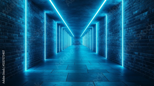 Obraz na płótnie Futuristic abstract tunnel with neon blue light rays and glowing highlights, featuring a mysterious sci-fi corridor with brick walls, concrete floor, and high-tech cyberpunk atmosphere in a dark empty w salonie