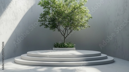 Minimalist scene with tree on circular platform.