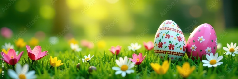 Fototapeta premium Spectacularly decorated Easter eggs amongst blooming flowers in lush green grass , flowers, blossom, hunt