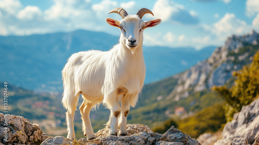 Obraz premium Majestic white goat standing on a rocky hillside with a breathtaking mountain view in the background