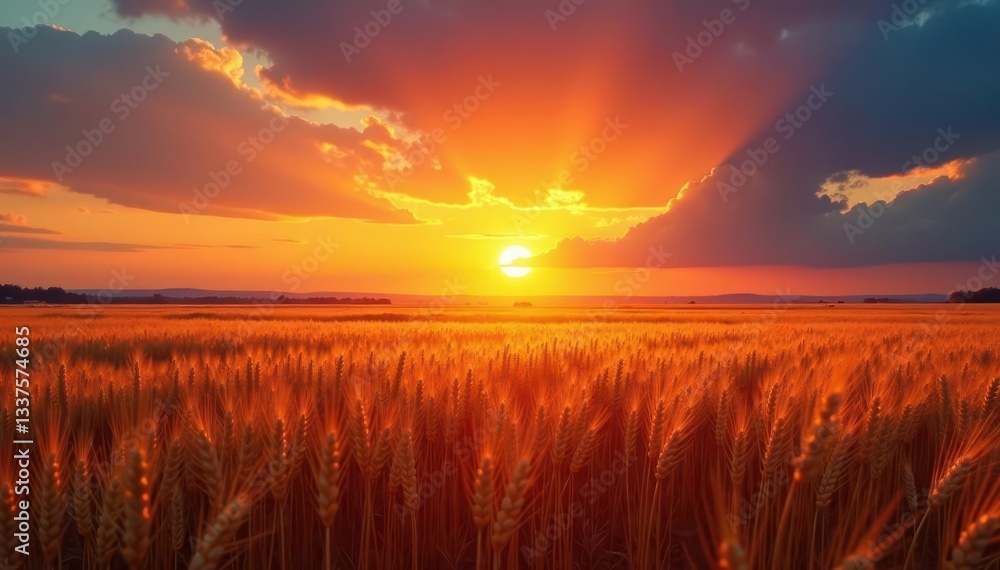 Fototapeta premium Blazing sunset paints the sky above a vast wheat field , countryside, golden