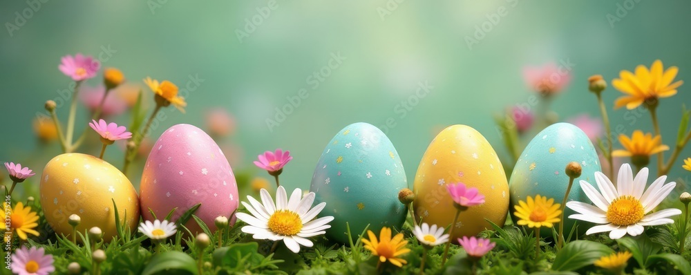 Delicate painted eggs scattered on a bed of wildflowers , Easter, holiday, blossom Delicate painted eggs scattered on a bed of wildflowers , Easter, holiday, blossom