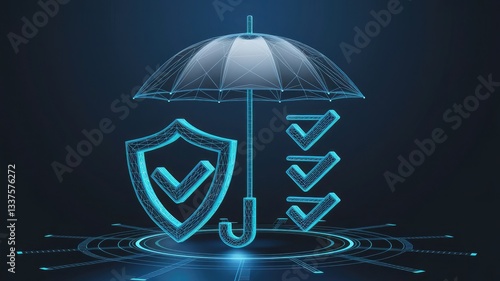 Digital Insurance and Assurance Concept. 3D Check Mark Shield and Checklist are under Protective Umbrella. Polygonal Technology Futuristic Vector Illustration on a Dark Background. 