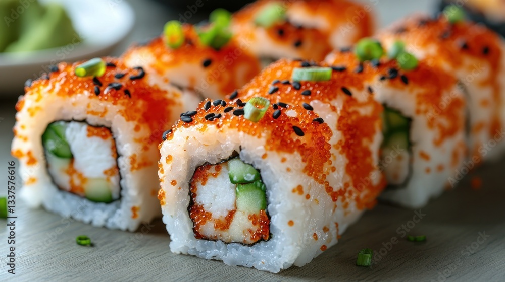 Freshly prepared sushi rolls, topped with vibrant ingredients Freshly prepared sushi rolls, topped with vibrant ingredients
