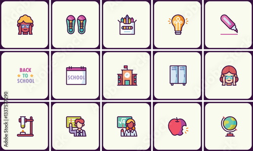 Modern Flat Design Icon Set: Back to School Essentials and Academic Elements