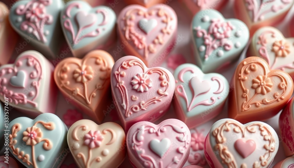 Pastel heart chocolates, intricate designs, fine details, elegant patterns, chocolate, delicate Pastel heart chocolates, intricate designs, fine details, elegant patterns, chocolate, delicate