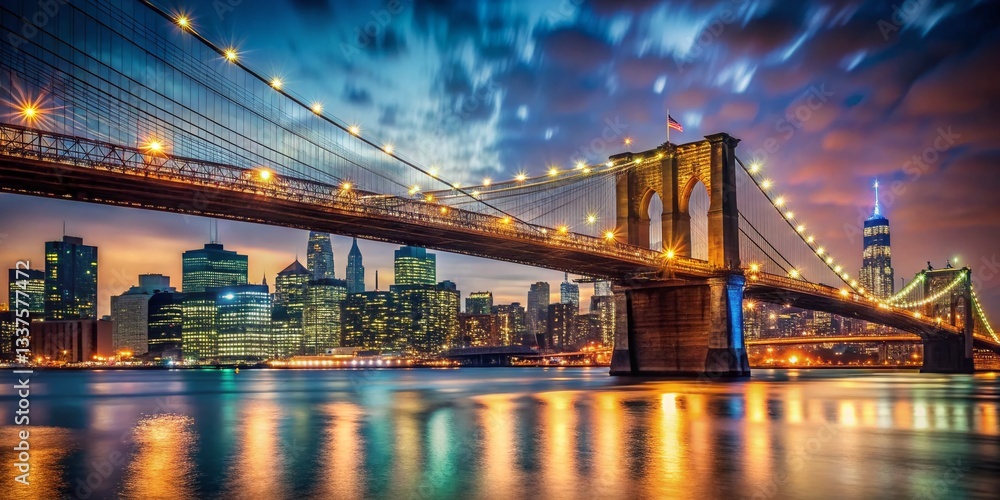 Fototapeta premium Brooklyn Bridge Night View, Bokeh Lights, NYC Skyline