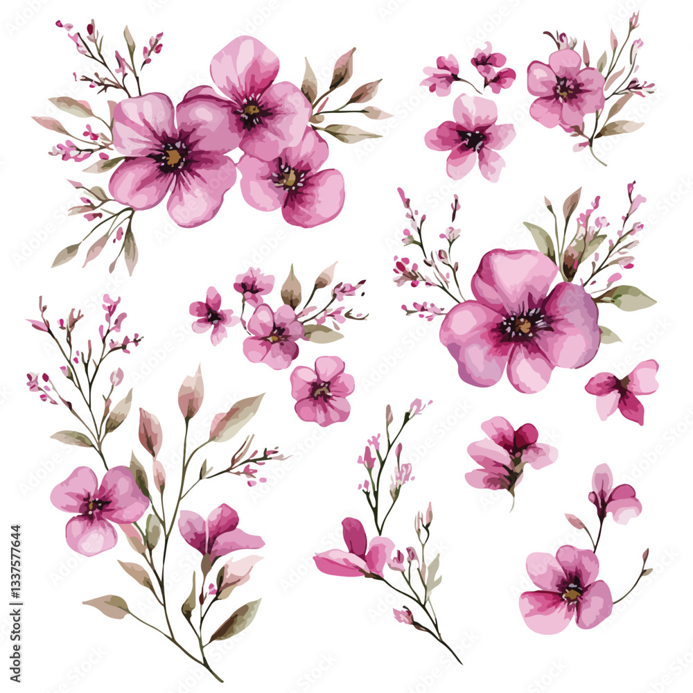 Obraz premium Pink Watercolor Flower Arrangements Set