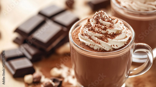 Hot chocolate with hazelnut milk, topped with vegan whipped cream and cacao powder