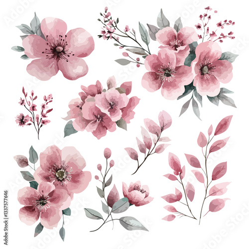 Pink Watercolor Flower Arrangements Set