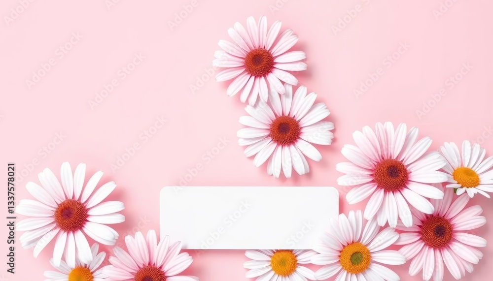 Naklejka premium Pastel pink background, soft floral illustration of daisies, blank label, nature, spring