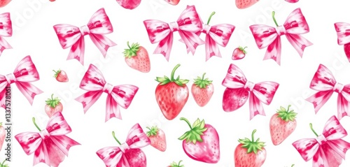 Pastel pink bows and strawberries watercolor seamless pattern on white background, design element, print