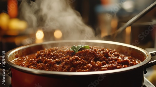 A steaming pot of rich, savory chili simmering on a stove in a cozy kitchen with warm lighting and blurred background