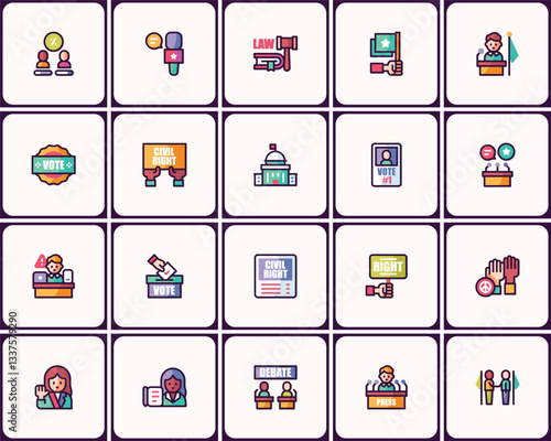 Comprehensive icon set on political process, voting, election, and civil rights