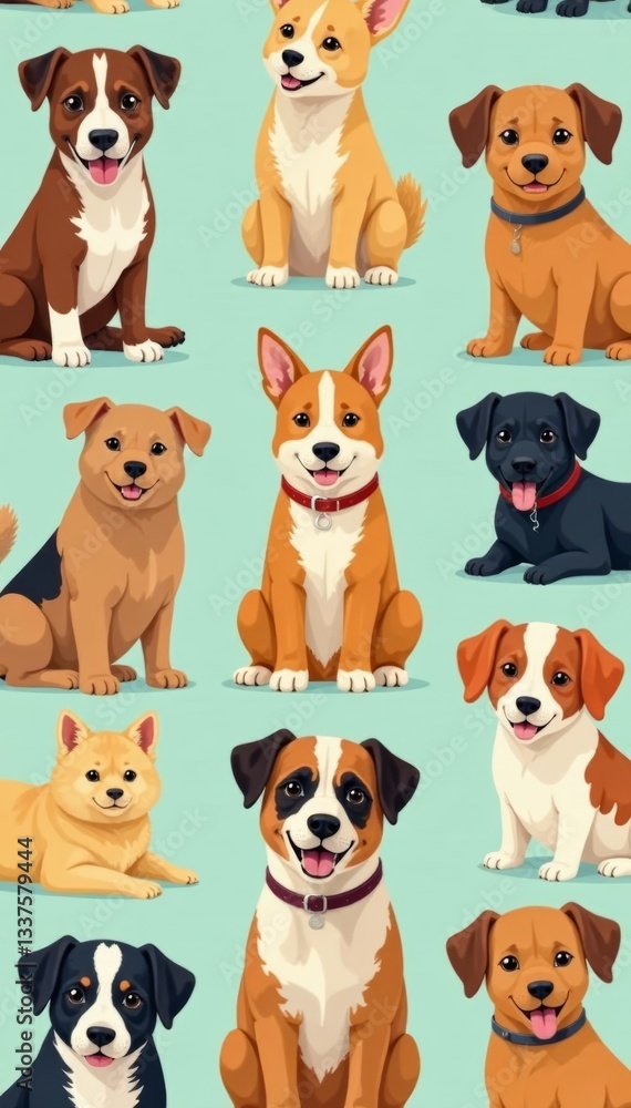 Playful and whimsical illustration of various dog breeds on a seamless colorful backdrop, whimsical, colorful Playful and whimsical illustration of various dog breeds on a seamless colorful backdrop, whimsical, colorful