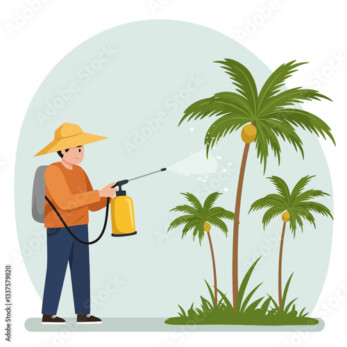 Person Spraying Palm Trees with Sprayer for Plant Care