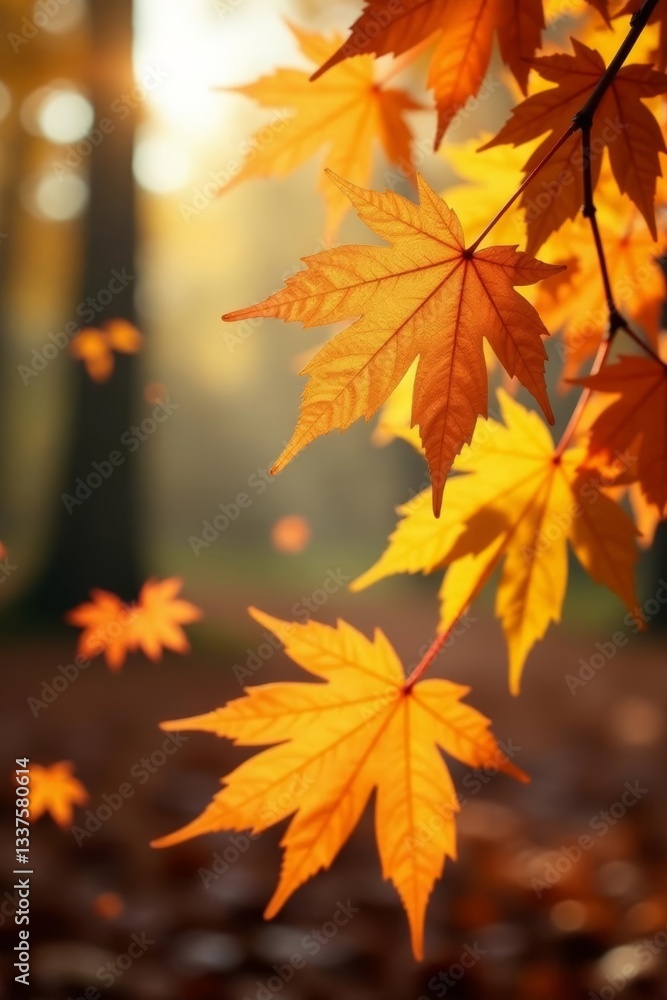 Serene scene of golden and orange maple leaves gently drifting down in the wind, copy space, autumn colors Serene scene of golden and orange maple leaves gently drifting down in the wind, copy space, autumn colors