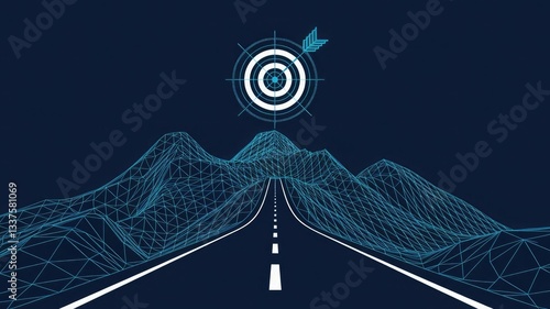 Digital target on a peak of mountain. Abstract business goal and success concept. Road to the top. Futuristic low poly wireframe vector illustration. Leadership metaphor on technology blue background 