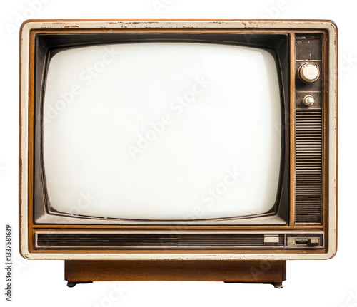Vintage retro television with wooden frame and knobs, nostalgic media concept