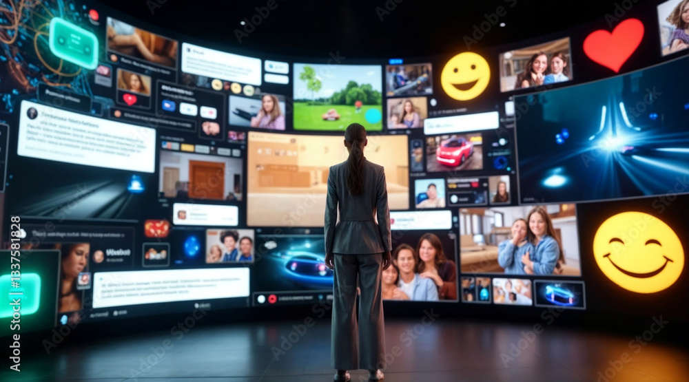 Woman Standing in Front of a Large Screen with Multiple Social Media and Entertainment Feeds Woman Standing in Front of a Large Screen with Multiple Social Media and Entertainment Feeds