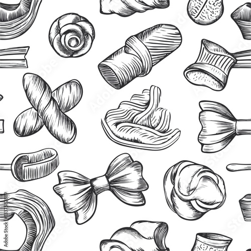 Raw Pasta Seamless Pattern Engraved Food Cooking Background