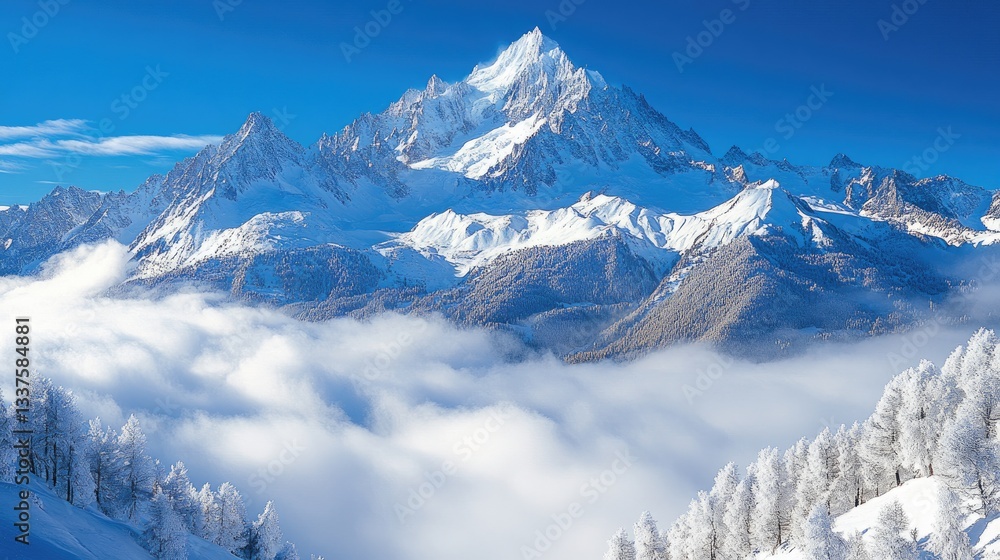 Majestic snow-capped mountain range above a sea of clouds Majestic snow-capped mountain range above a sea of clouds