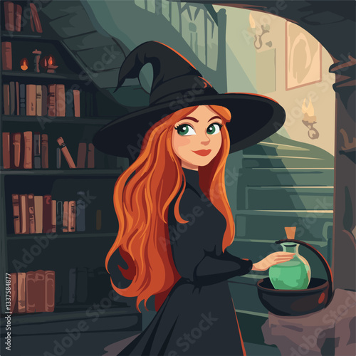 Enchanting Red Hair Young Witch Standing in Magic with Hat