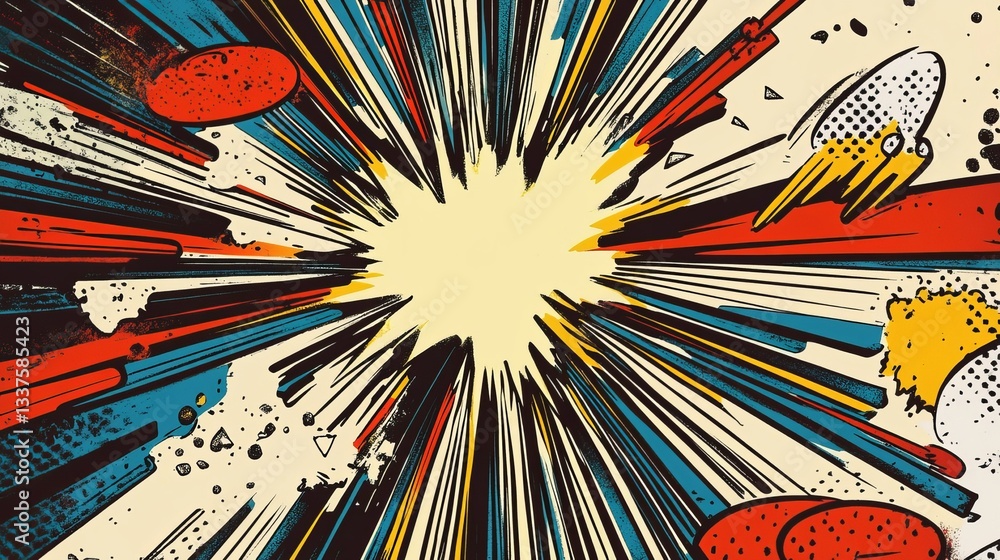 Classic comic zoom retro burst background featuring vibrant radial speed lines and halftone dots in pop art style, capturing the dynamic energy of vintage comic book explosions for eye-catching digita