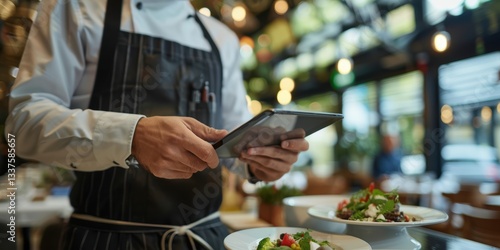 Waitstaff using a digital tablet for managing orders and payments, showcasing a blend of hospitality and technology in a dining environment