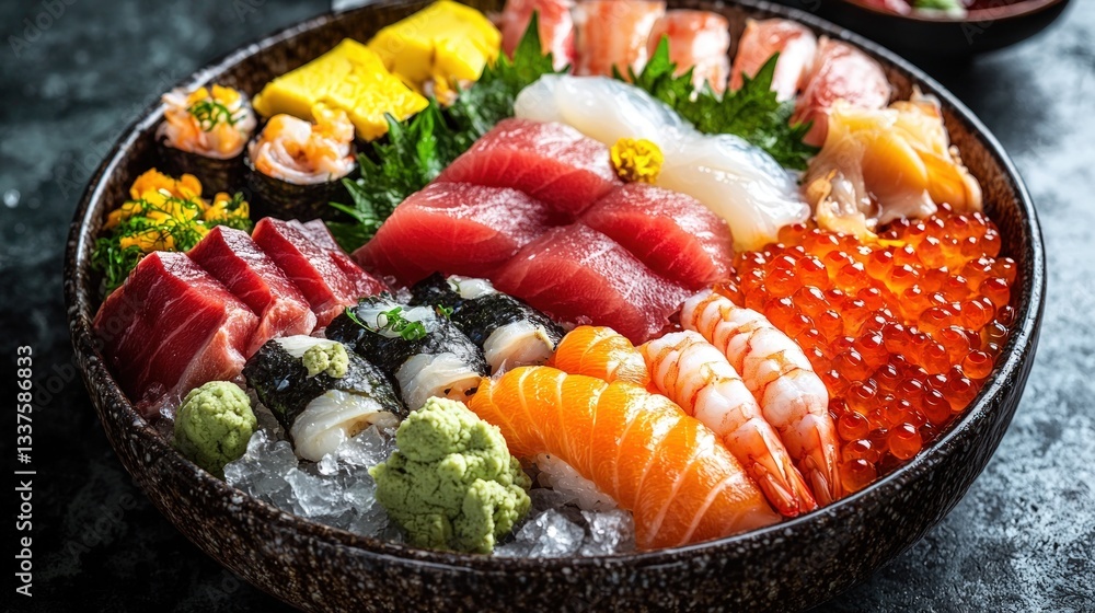 Assorted fresh sashimi, sushi, and seafood platter on ice. Assorted fresh sashimi, sushi, and seafood platter on ice.