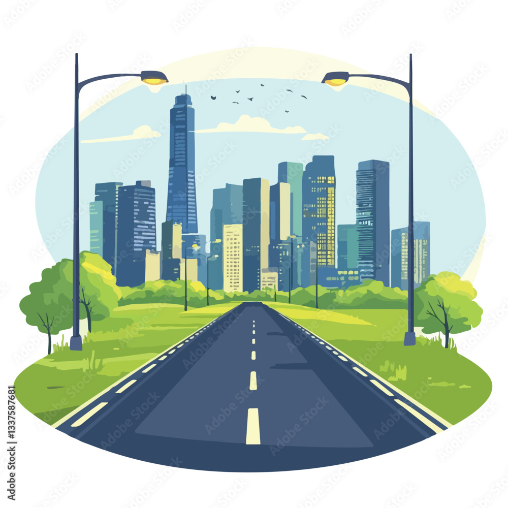 Fototapeta premium Urban Landscape with Road Leading to Cityscape and Skyscrapers