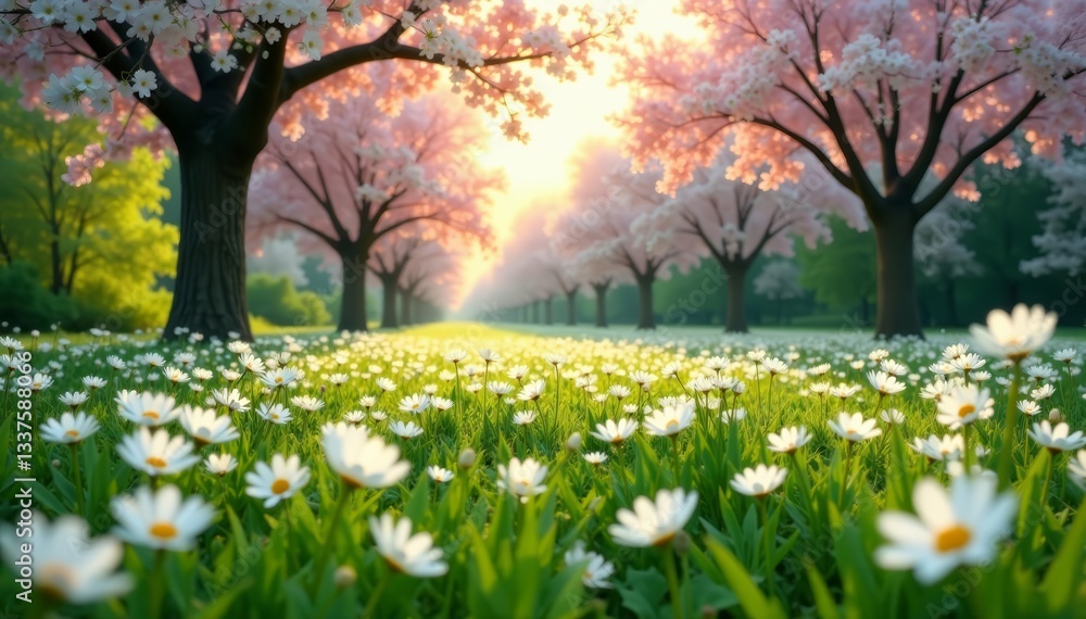 Fototapeta premium A picturesque field of white marguerites under a canopy of blooming trees, flowers, sunny day, nature