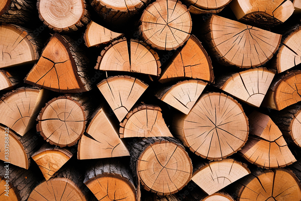 Fototapeta premium Stacked firewood pile in a natural forest setting.