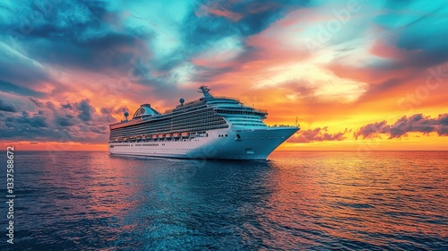Cruise ship at sunset, ocean, travel.