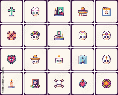 Vibrant Dia de los Muertos Icon Set: A Festive Collection of Cultural Symbols