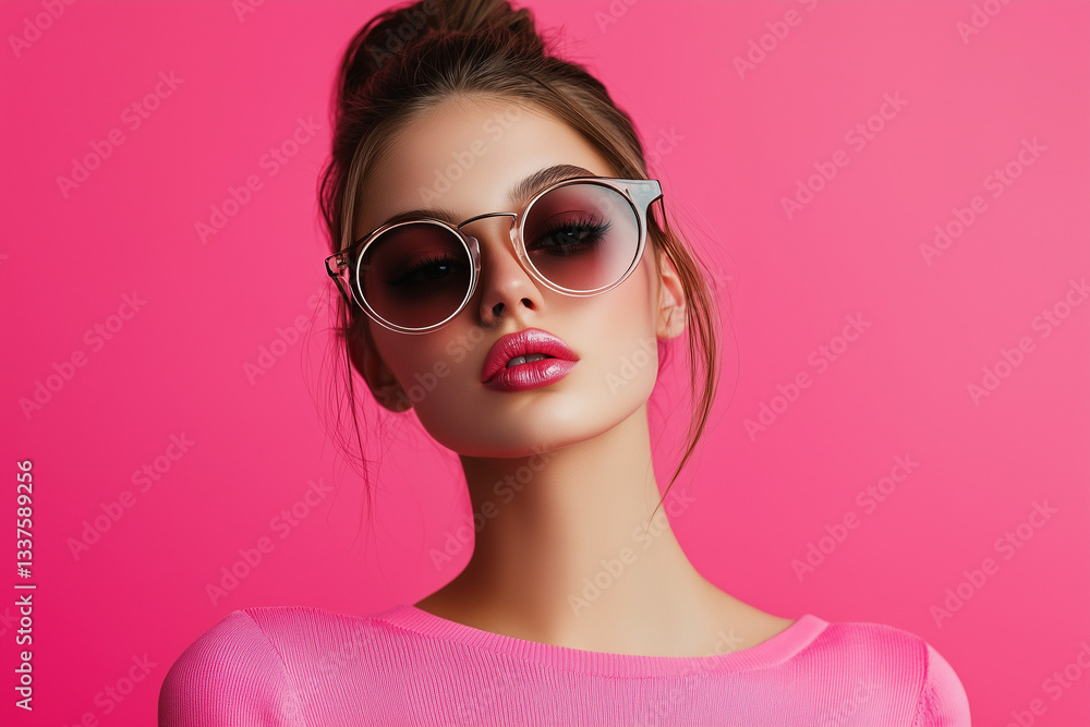 A fashion model with sunglasses isolated on solid color background A fashion model with sunglasses isolated on solid color background